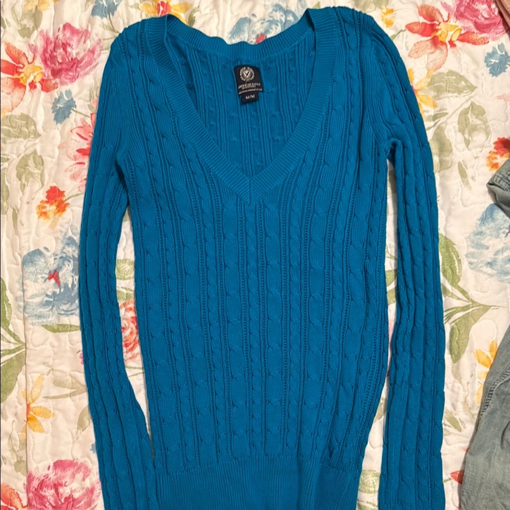 Blue V-Neck Cable Knit Sweater